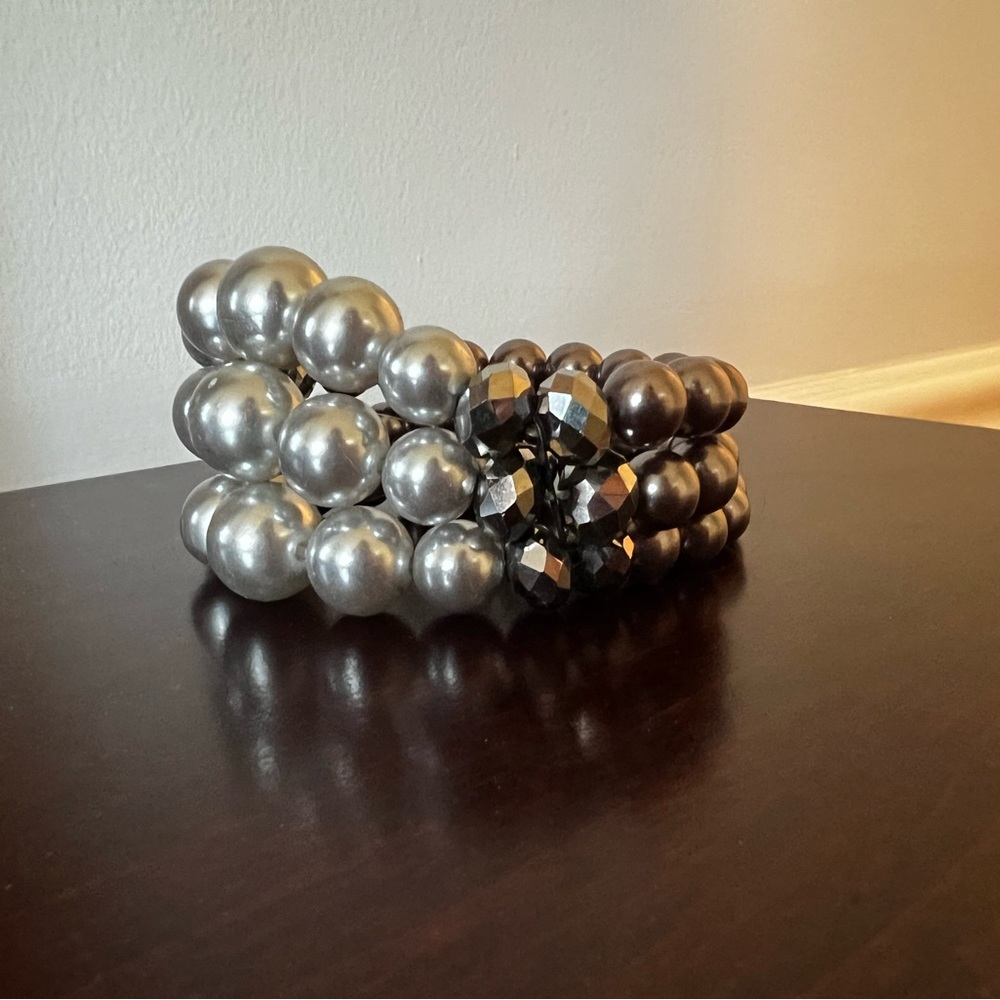 Silver and white beaded triple bracelet